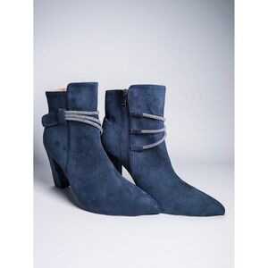 Ankle Booties Womens 10 Navy Blue Faux Suede Rhinestone Pointed Toe Block Heel